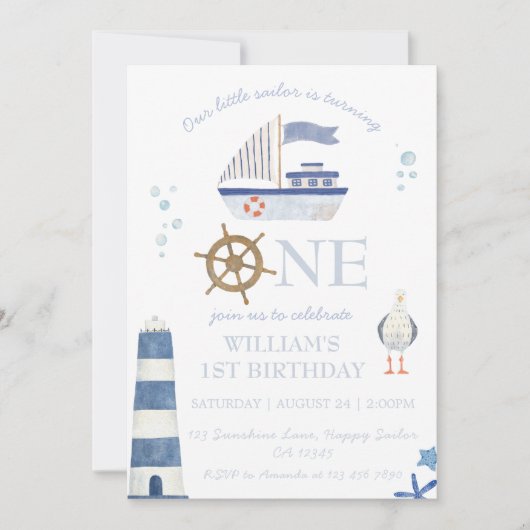 Zeilboot jongen 1e verjaardag kaart (Voorkant)