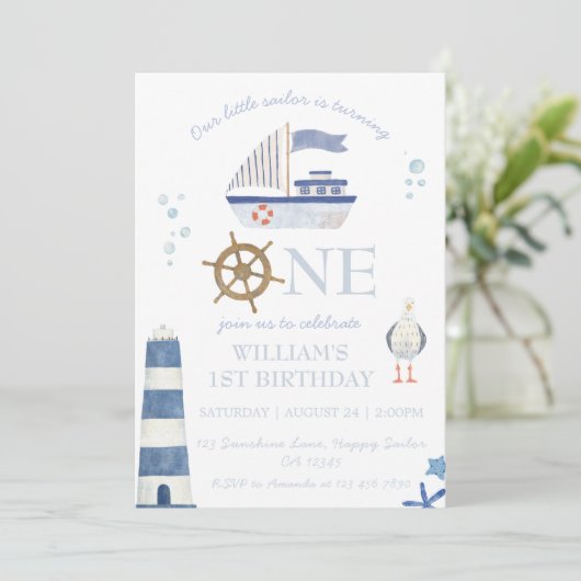 Zeilboot jongen 1e verjaardag kaart (Staand voorkant)