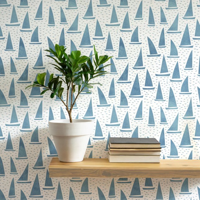 Zeilboot Kust Blauw en Wit Behang (Sailing boat yacht coastal beach or lake house decor wallpaper)