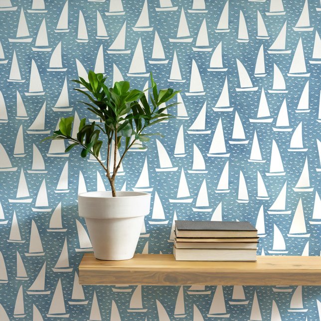 Zeilboot Kust Blauw en Wit Behang (Sailing boat or yacht nautical coastal blue and white art wallpaper by Nic Squirrell)