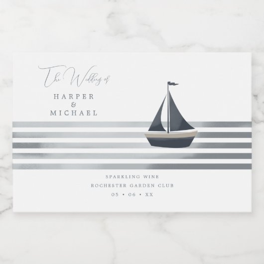 Zeilboot maritieme gepersonaliseerde bruiloft sparkling wijnetiket (Enkel label)