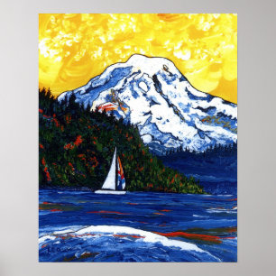 Zeilboot met Mt Rainier Poster