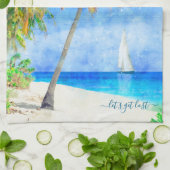 zeilboot met palmboom op een tropisch eiland theedoek (Gevouwen)