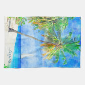 zeilboot met palmboom op een tropisch eiland theedoek (Horizontaal)