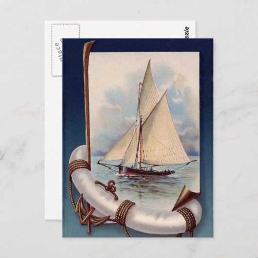  zeilboot met reddingsboten, touw en anker briefkaart (Voorkant / Achterkant)
