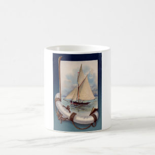zeilboot met reddingsboten, touw en anker koffiemok