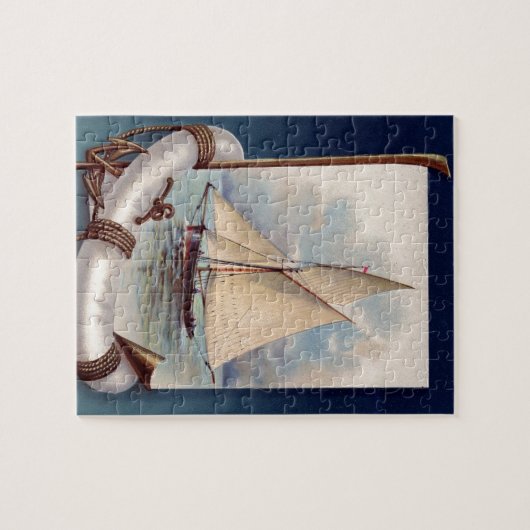 zeilboot met reddingsboten, touw en anker legpuzzel (Horizontaal)