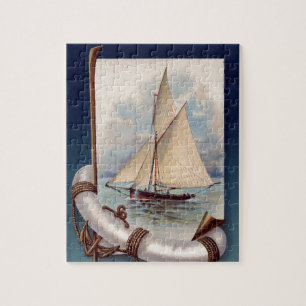 zeilboot met reddingsboten, touw en anker legpuzzel