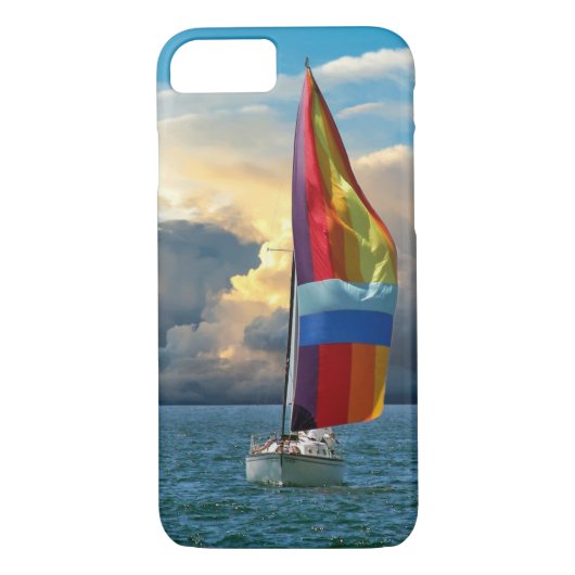 Zeilboot met regenboogspinnaker bij zonsopgang Case-Mate iPhone case (Achterkant)