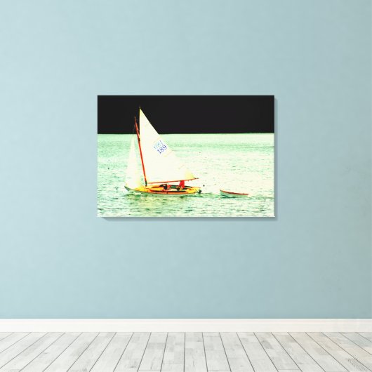 Zeilboot met rubberbootje omwikkeld canvas afdruk (Insitu (Houten vloer))