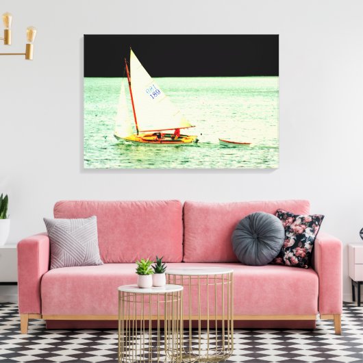Zeilboot met rubberbootje omwikkeld canvas afdruk (Insitu (Woonkamer))