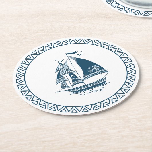 Zeilboot met zeeblauwe zeewind ronde kartonnen onderzetter (Gebogen)