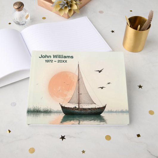 Zeilboot met zeemeeuwen voor herdenkingsdienst gastenboek (Voorkant open)