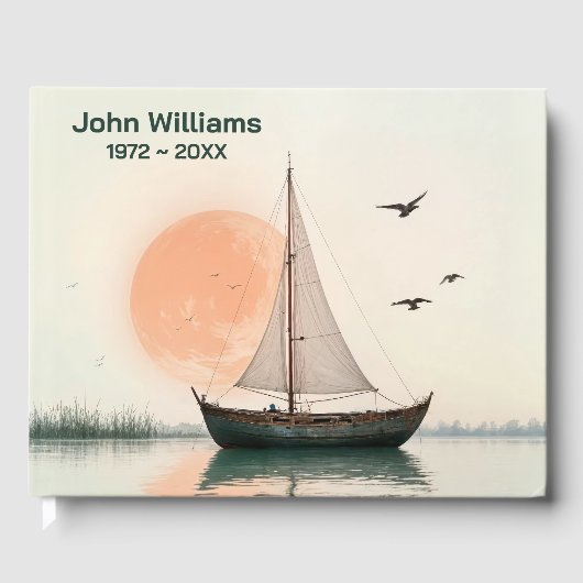 Zeilboot met zeemeeuwen voor herdenkingsdienst gastenboek (Voorkant)