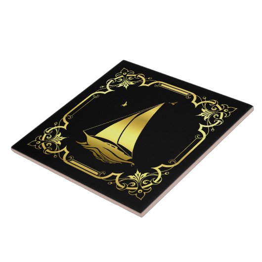 Zeilboot met zeezeilsilhouet/goud/zwart tegeltje (Zijkant)