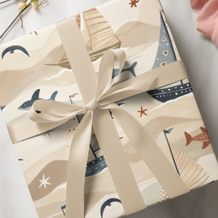 Zeilboot Naadloos Patroon   Neutrale tinten Kinder Cadeaupapier