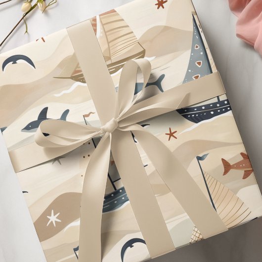 Zeilboot Naadloos Patroon | Neutrale tinten Kinder Cadeaupapier