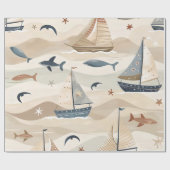 Zeilboot Naadloos Patroon | Neutrale tinten Kinder Cadeaupapier (Vlak)