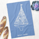 Zeilboot naam nautisch theedoek<br><div class="desc">Voeg je eigen bootnaam toe aan dit moderne blauw-witte zeilbootontwerp. Perfect voor een boot,  meer of strandhuis of voor iedereen die houdt van zeilen.</div>