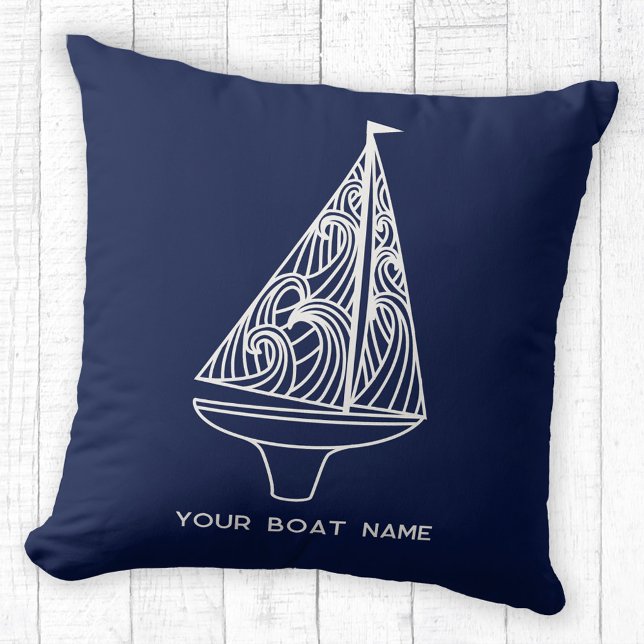 Zeilboot Naam Nautische Marine Blauw Kussen (Your boat name custom text sailing boat yacht navy blue throw pillow)