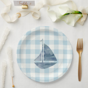 Zeilboot Nautical Blue Gingham Check Pattern Papieren Bordje