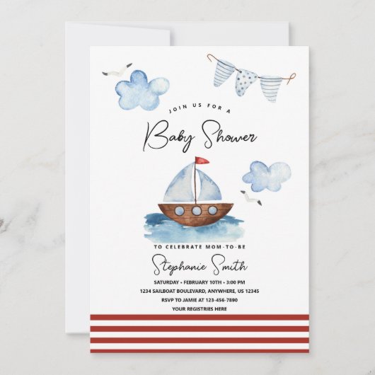 Zeilboot Nautical Boy Baby shower Uitnodiging (Voorkant)