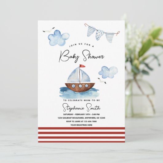 Zeilboot Nautical Boy Baby shower Uitnodiging (Staand voorkant)