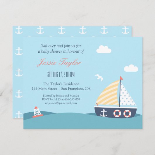 Zeilboot Nautical Theme Baby Shower Invitaties Kaart (Voorkant / Achterkant)
