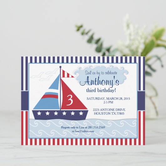 Zeilboot / Nautical Verjaardag Uitnodiging (Staand voorkant)