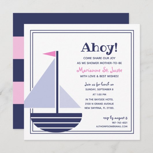 zeilboot nautisch BABY SHOWER roze meisje Uitnodig Kaart (Voorkant / Achterkant)