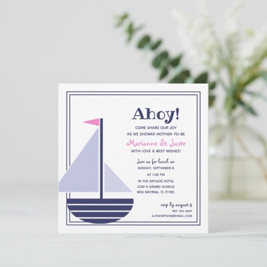 zeilboot nautisch BABY SHOWER roze meisje Uitnodig Kaart (Staand voorkant)