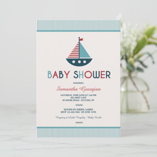 Zeilboot Nautisch Baby shower Uitnodiging (Staand voorkant)
