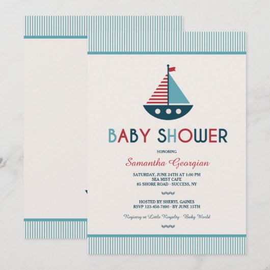Zeilboot Nautisch Baby shower Uitnodiging (Voorkant / Achterkant)