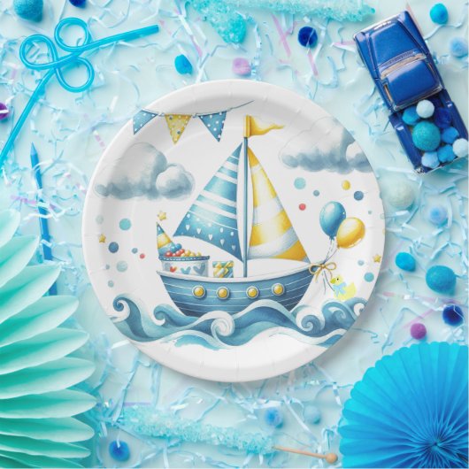 Zeilboot Nautisch Blauw Baby shower Papieren Bordje (Feest)