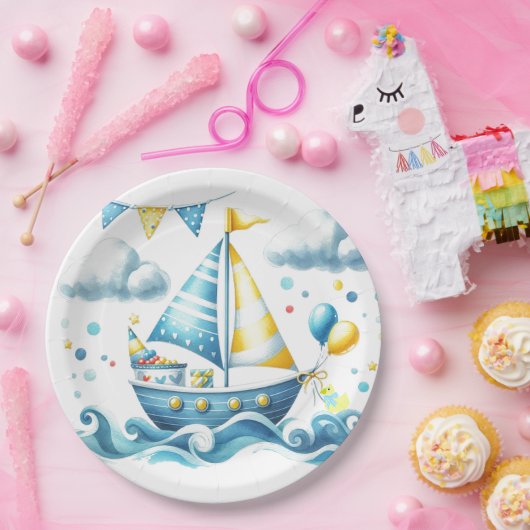 Zeilboot Nautisch Blauw Baby shower Papieren Bordje (Feest)