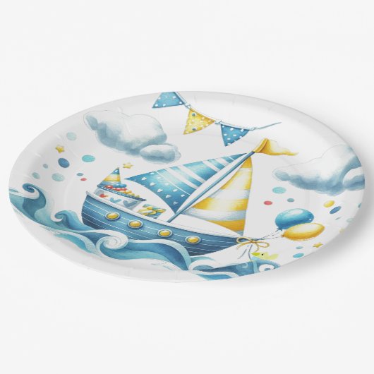 Zeilboot Nautisch Blauw Baby shower Papieren Bordje (Gekanteld)