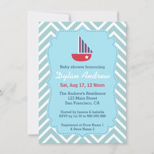 Zeilboot Nautische babyshower, Blauwe Chevron Kaart (Voorkant)