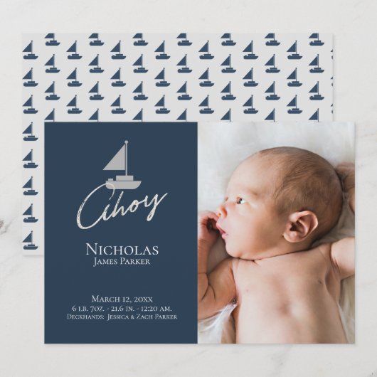 Zeilboot Nautische Geboorte met Fotoaankondiging Kaart (Voorkant / Achterkant)