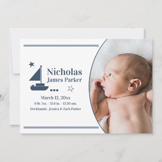 Zeilboot Nautische Geboorte Met Fotoaankondiging Kaart (Voorkant)