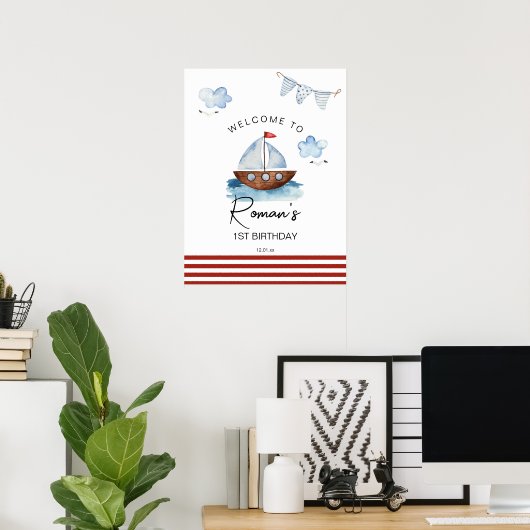 Zeilboot Nautische Jongen Welkomstbord Poster (Thuiskantoor)