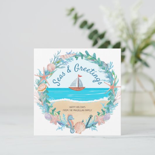 Zeilboot Nautische krans Kustkerst Feestdagenkaart (Staand voorkant)