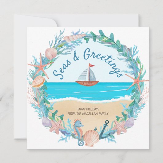 Zeilboot Nautische krans Kustkerst Feestdagenkaart (Voorkant)