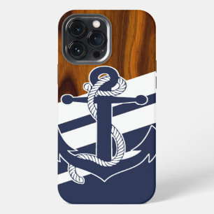 Zeilboot Navy Blauwe Witte Streep Houtnerfpatroon iPhone 13 Pro Max Hoesje