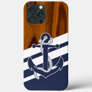 Zeilboot Navy Blue White Stripe Wood Grain Pattern iPhone 13 Pro Max Hoesje