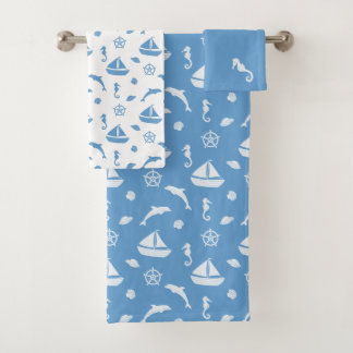 Zeilboot Oceaan Thema | Zeevaartblauw en Wit Bad Handdoek