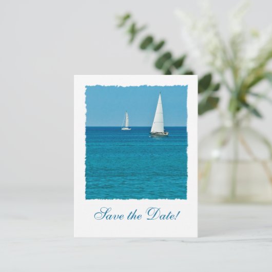 Zeilboot Ocean Destination Wedding Save the Date Aankondigingskaart (Staand voorkant)