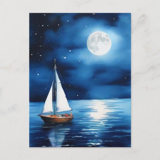 Zeilboot onder een volle maan briefkaart (Voorkant)