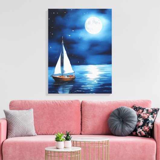 Zeilboot onder een volle maan canvas afdruk (Insitu (Woonkamer))