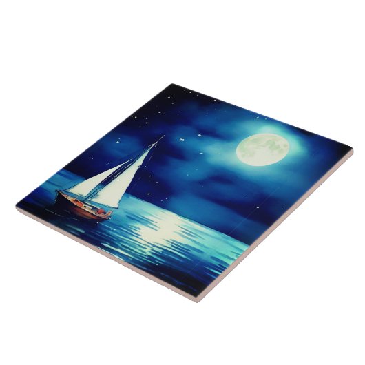 Zeilboot onder een volle maan tegeltje (Zijkant)