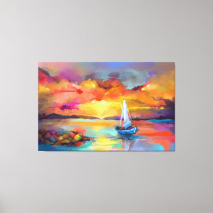Zeilboot op het meer met zonnescherm canvas afdruk